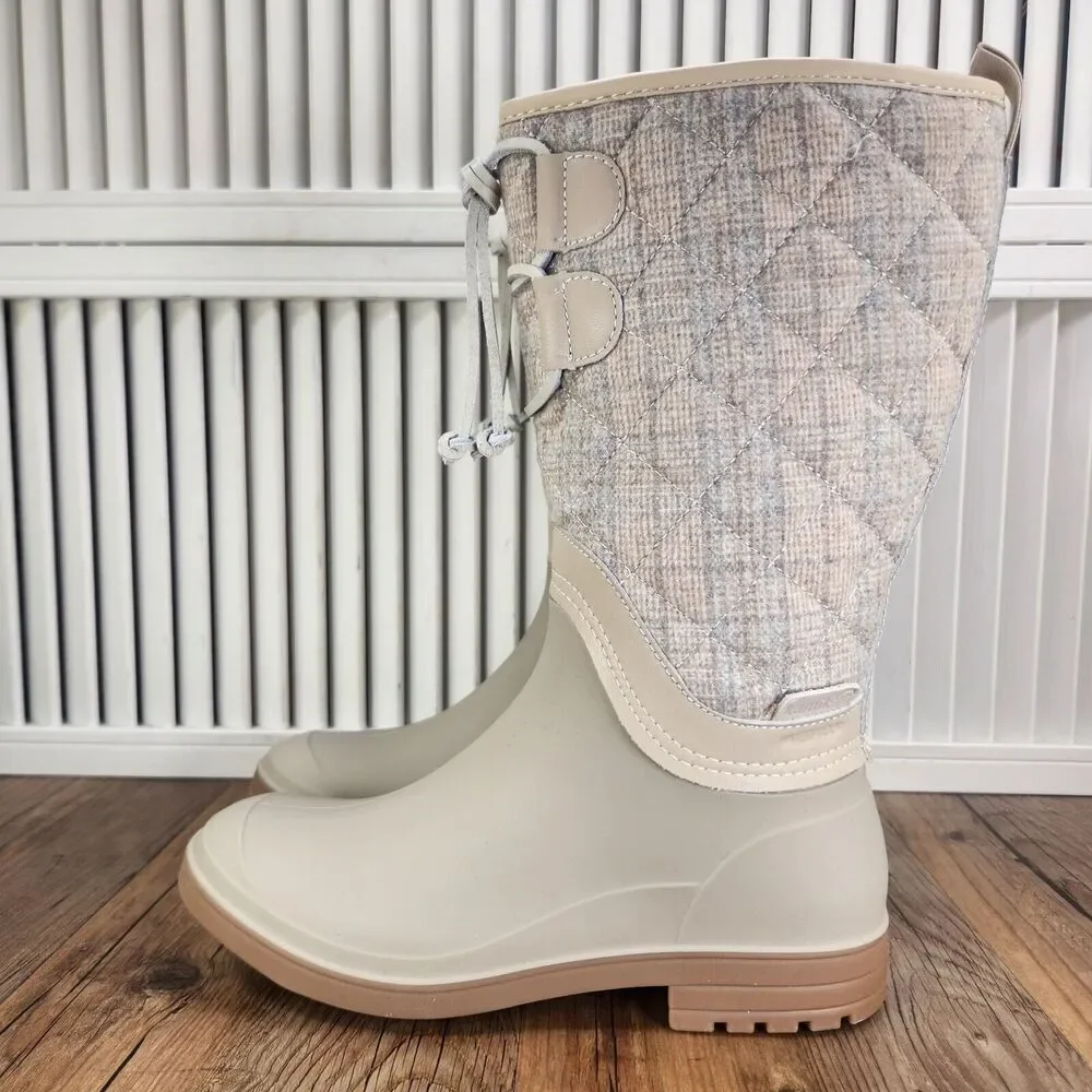 Kamik Abigail Oat Womens Size 6 Beige Plaid Quilted Rubber Waterproof Rain Boots